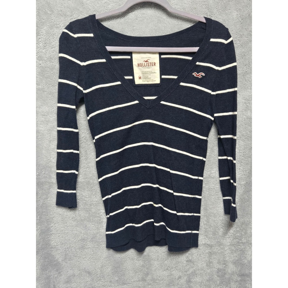 Hollister Womens Navy Blue White Striped V-Neck Cotton Sweater Logo Size M
